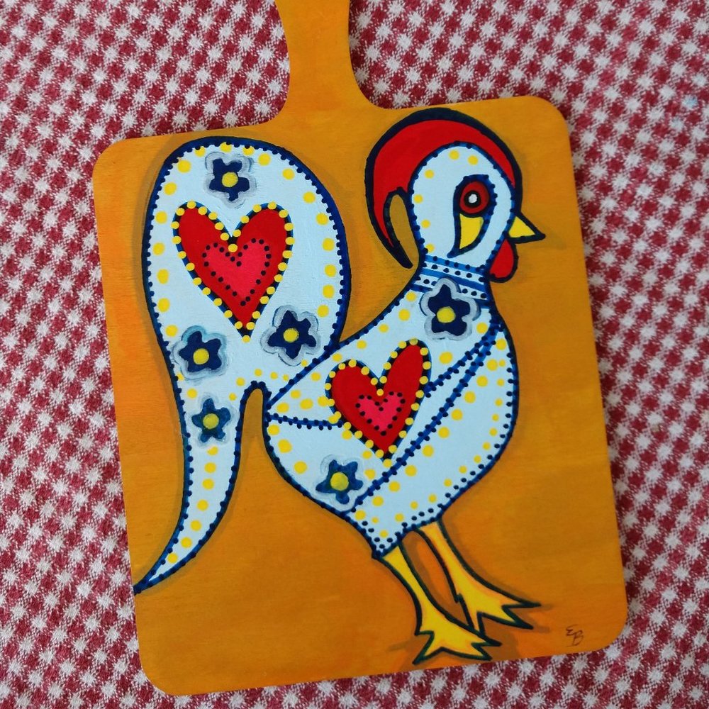 Portuguese Rooster Of Barcelos Painting On Mini Cutting Board Blue Right Facing